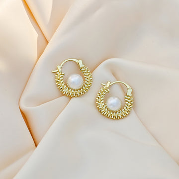 Gold Tone Compact Huggie White Pearl Look Center Bead Earrings