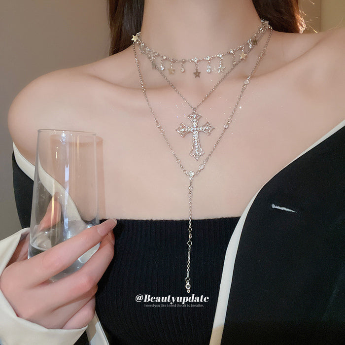 Layered Star and Cross Pendant Necklace Set with Polished Details