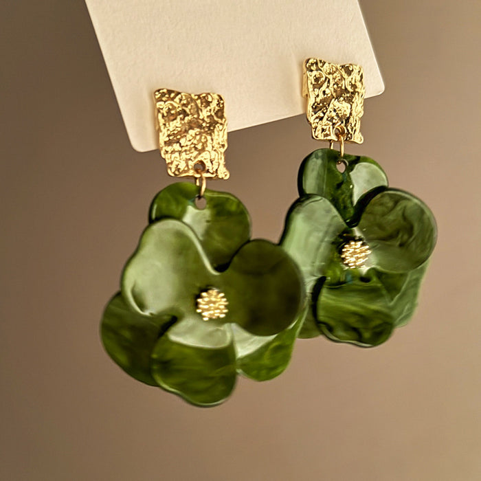 Translucent Flower Gold Square Statement Drop Earrings