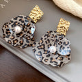 Leopard Print Flower and Pearl Drop Earrings in Two Colors view 6