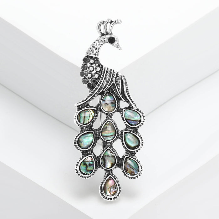 Silver Tone Peacock Brooch with Abalone Shell Inlays