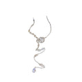 Silver Crystal Rose Flower Teardrop Tassel Necklace view 5