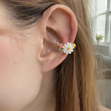 Pink Daisy Beaded Ear Cuff in Gold Tone Fashion Jewelry