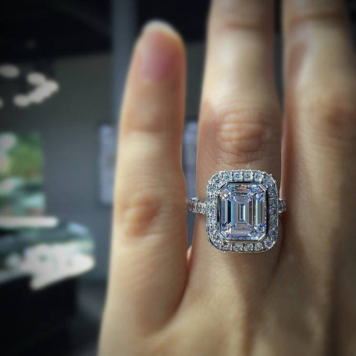 Silver Tone Emerald Cut Halo Crystal Ring