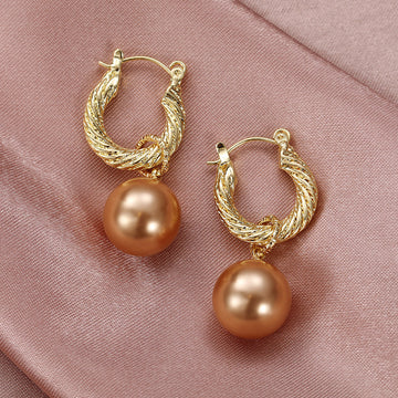 Gold Twisted Rope Hoop Earrings Champagne Pearl Drops