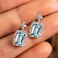 White Gold Light Blue Rectangle Halo Stud Earrings view 2