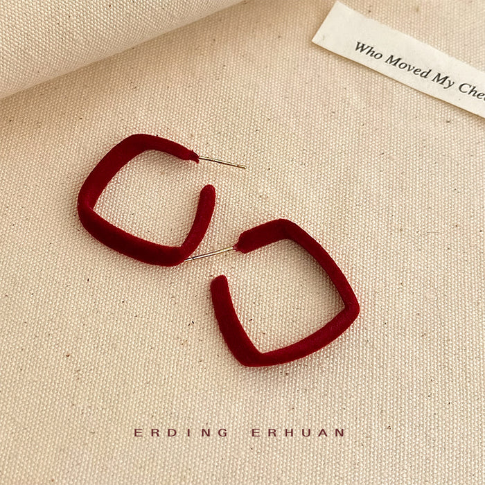 Wine Red Velvet Geometric Square Open Hoop Stud Earrings