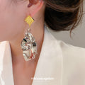 Two Tone Crumpled Leaf Statement Drop Earrings With Diamond Studs view 3