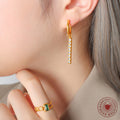 Gold Hoop Earrings Rhinestone Vertical Bar Drop Charm view 3