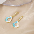 Blue White Enamel Open Geometric Drop Earrings Gold Hooks view 2