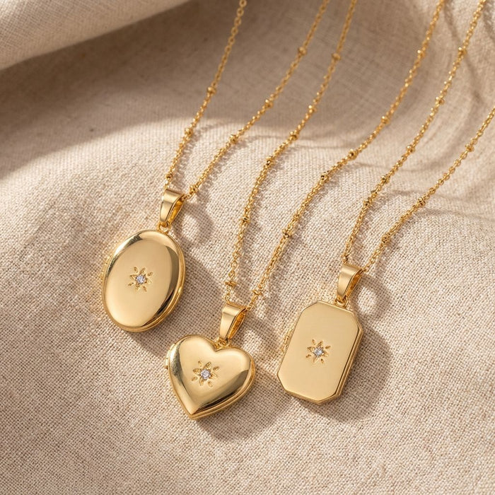 Gold Tone Hinged Photo Locket Necklace In Three Shapes