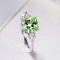 Green Cushion Three-Stone Ring With Pear Side Stones In Silver Tone view 3