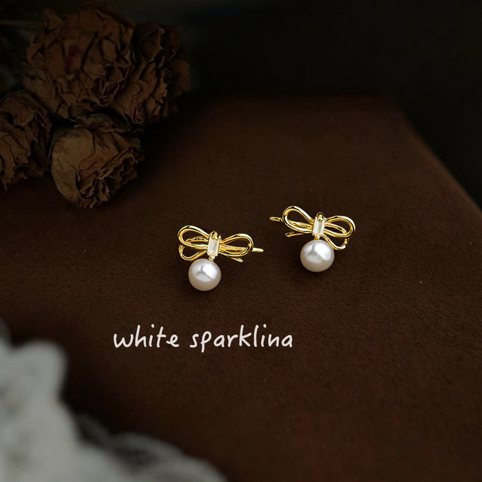 Gold Bow Pearl Stud Earrings Clear Baguette Center Accent Pair