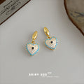Gold Oval Stud Pave Heart Drop Earrings Turquoise Rim view 4