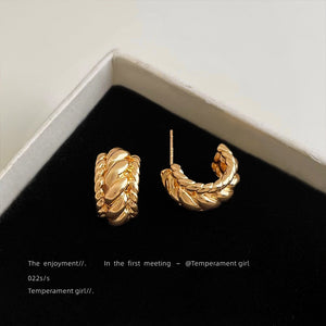 Gold Tone Twisted Braided C Shape Hoop Stud Earrings