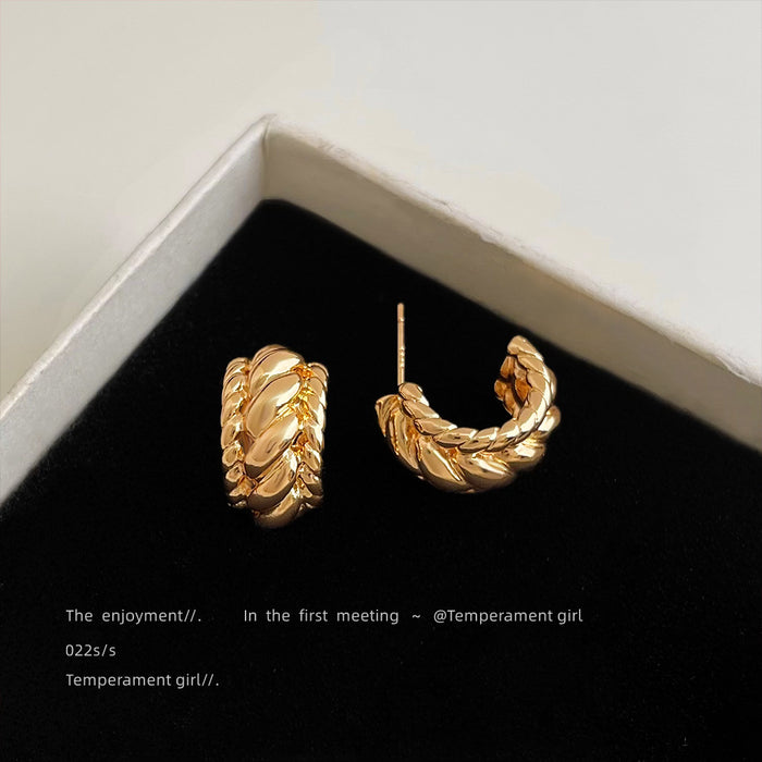 Gold Tone Twisted Braided C Shape Hoop Stud Earrings