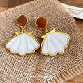 White Shell Fan Drop Earrings with Brown Oval Studs view 2