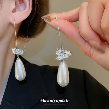 White Floral Pearl Teardrop Hook Earrings Fashion Jewelry