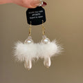 White Fluffy Pom Pom Hoop Earrings With Pearl Drops view 3