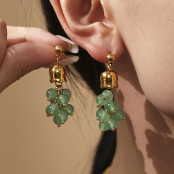 Gold Bell Cap Grape Cluster Earrings Green Stone Pearl