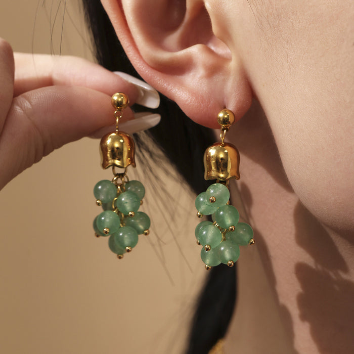 Gold Bell Cap Grape Cluster Earrings Green Stone Pearl