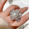 Silver Tone Camellia Flower Pearl Ring Pave CZ Sizes 6-10 view 1
