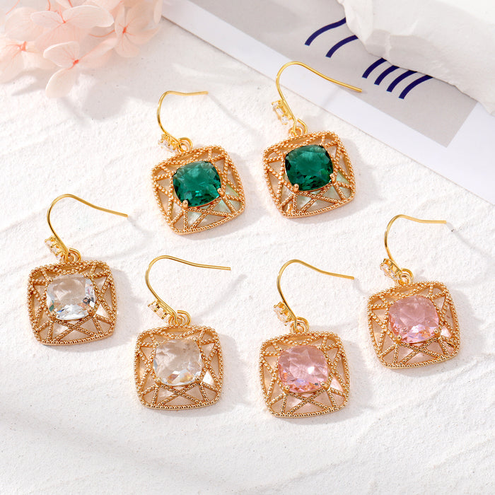 Gold Tone Openwork Square Faceted Crystal Hook Earrings in Three Colors