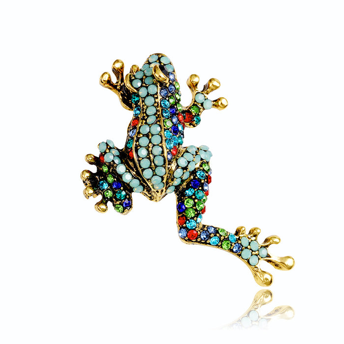 Green Gold Tone Frog Crystal Metal Brooch Pin for Jackets and Lapels