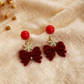 Red Flocked Bow Snowflake Long Dangle Stud Earrings view 3