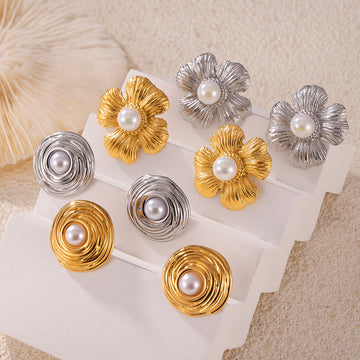 Textured Flower and Swirl Stud Earrings with Pearl Center Gold Steel