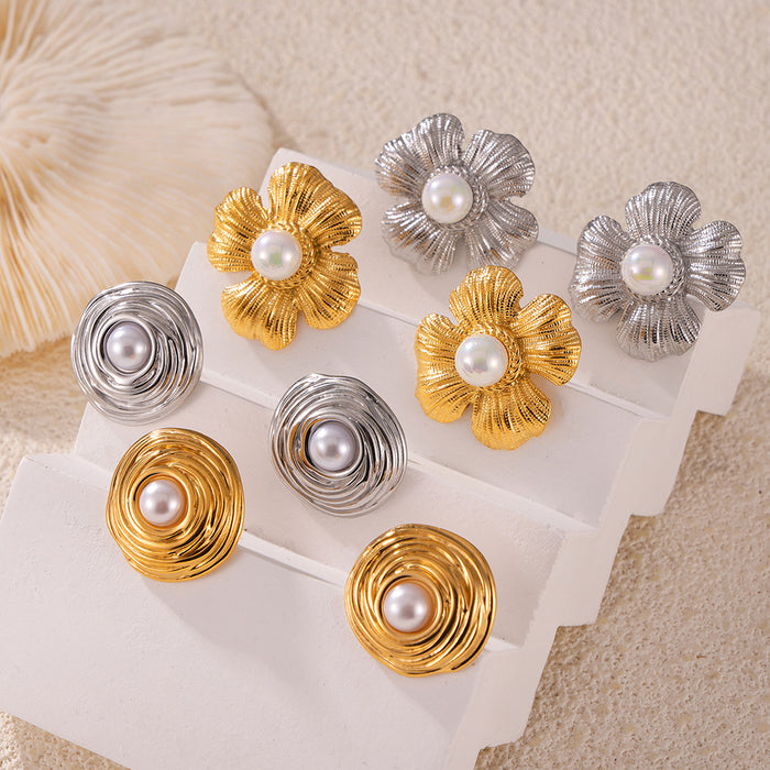 Textured Flower and Swirl Stud Earrings with Pearl Center Gold Steel