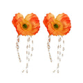 Orange Fabric Poppy Flower Pearl Tassel Earrings Necklace view 5