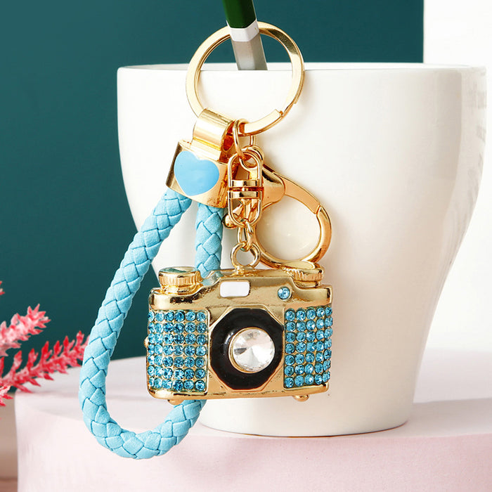 Jeweled Camera Keychains in Pink, Blue and White with Braided Options