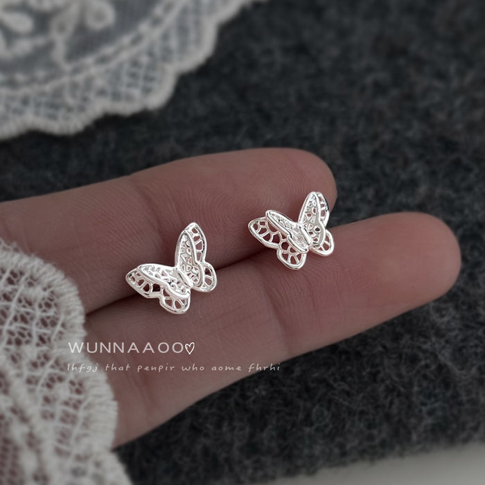Silver-Tone Openwork Mini Butterfly Stud Earrings Filigree