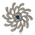 Silver Spiral Flower Brooch Clear Rhinestones Blue Center view 1