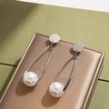 Silver Round Stud Long Oval Frame Pearl Drop Earrings view 3