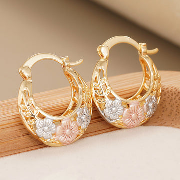 Tricolor Gold Rose Silver Frosted Flower Hoop Ear Clip Pair