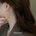 Textured Gold Tone Wide Hoop Earrings with Cutout Details view 4