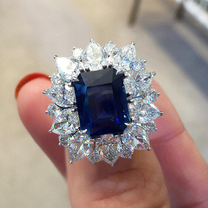 Silver Blue Rectangular CZ Halo Ring Full Pavé Sizes 6-10