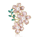 Three Flower Pearl Brooch with Green Leaves Pink White view 5
