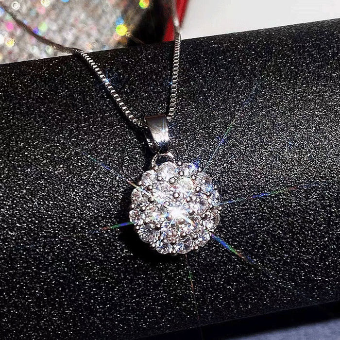 Silver-Tone Round Cubic Zirconia Cluster Pendant on a Box Chain