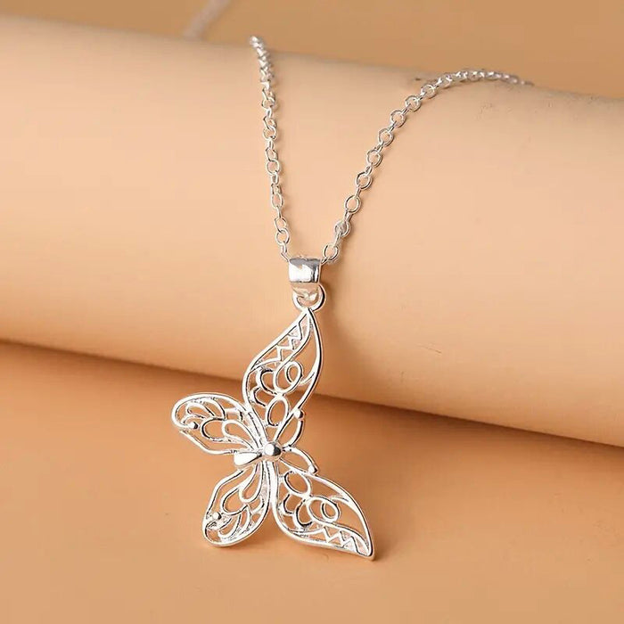 Filigree Butterfly Pendant Necklace Silver Gold Options