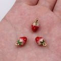 Gold Tone Red Strawberry Enamel Charm with Green Leaves view 1