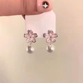 Pink Flower Pearl Drop Silver Tone Dangle Stud Earrings view 4