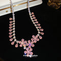 Pink Crystal Flower Teardrop Statement Necklace Silver Tone view 2