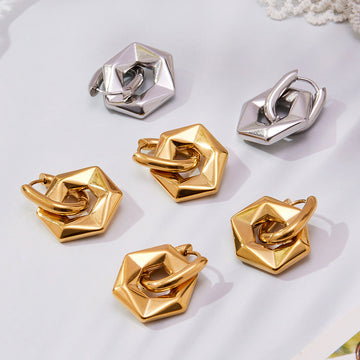 Faceted Open Hexagon Drop Hoop Earrings in Gold and Silver Tone