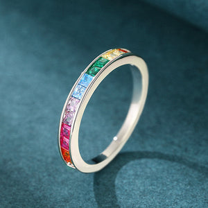 Multicolor Square Stone Channel Slim Ring In Silver Tone