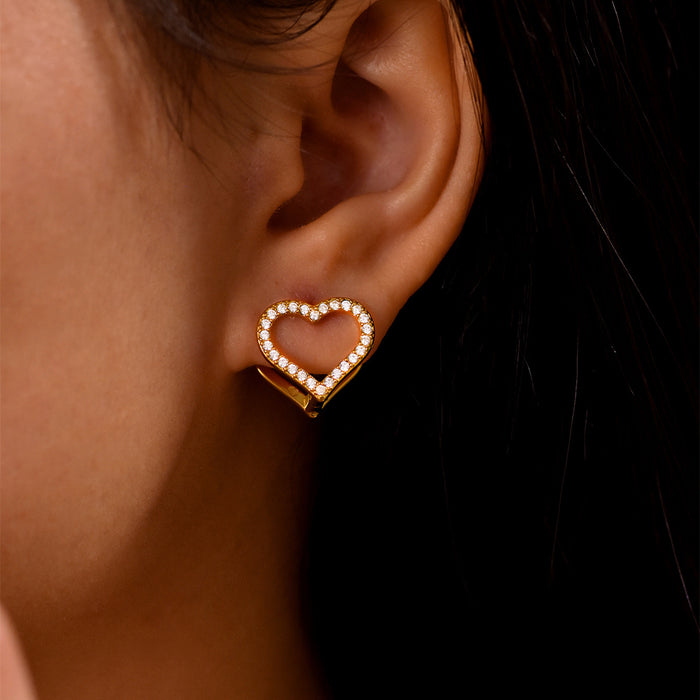 Double Sided Heart Zircon Stud Earrings Gold Steel