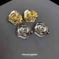 Sculpted Metal Rose Stud Earrings in Gold and Silver Tones view 4