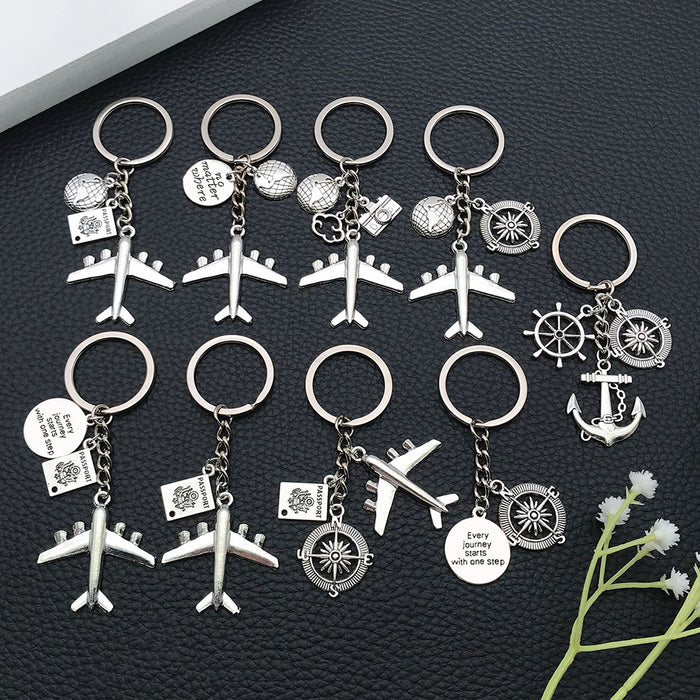 Nine-Style Antique Silver Airplane Globe Passport Travel Keychain Collection